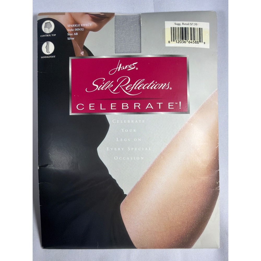 Hanes Silk Reflections‎ Celebrate Sparkle Tights Women AB Silver Sandalfoot VTG